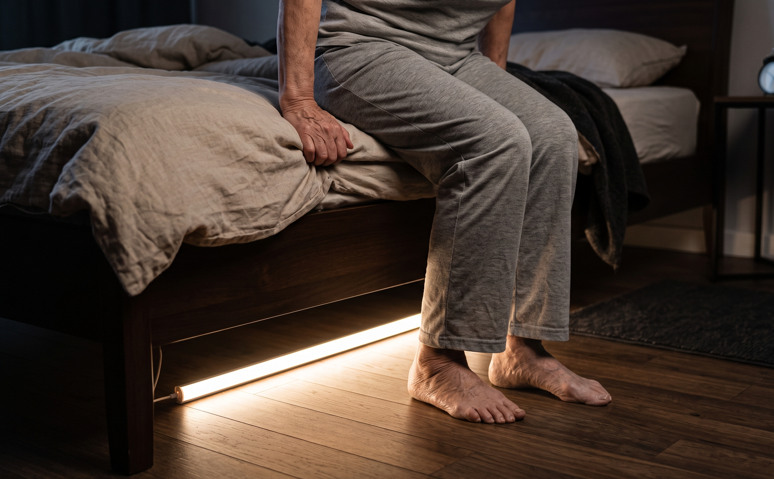 Photo réaliste du bas du corps d'une personne âgée assise sur le bord de son lit, les pieds nus sur le parquet, éclairés par un bandeau lumineux LED automatique sous le lit dans une chambre sombre. Utilisation d'un éclairage intelligent pour personne agée afin d'éviter les risques de chutes la nuit.