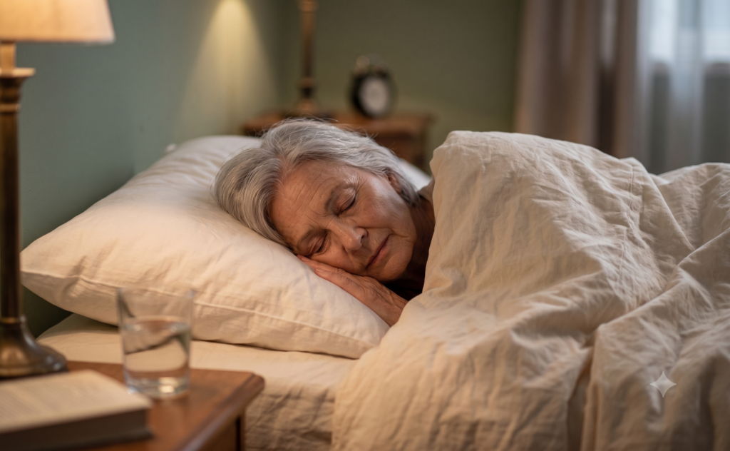 Vieille femme qui dort paisiblement dans son lit.