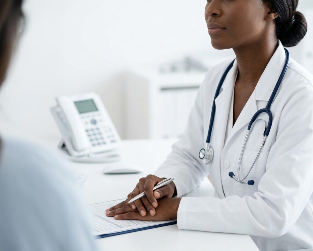 Femme Médecin généraliste écoutant attentivement son patient. Prescription de cure thermale.